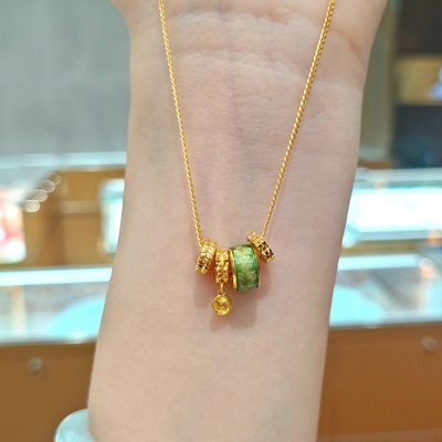 六福珠宝代购 足金钱串子鎏彩青绿钱币流苏黄金项链 新款专柜正品