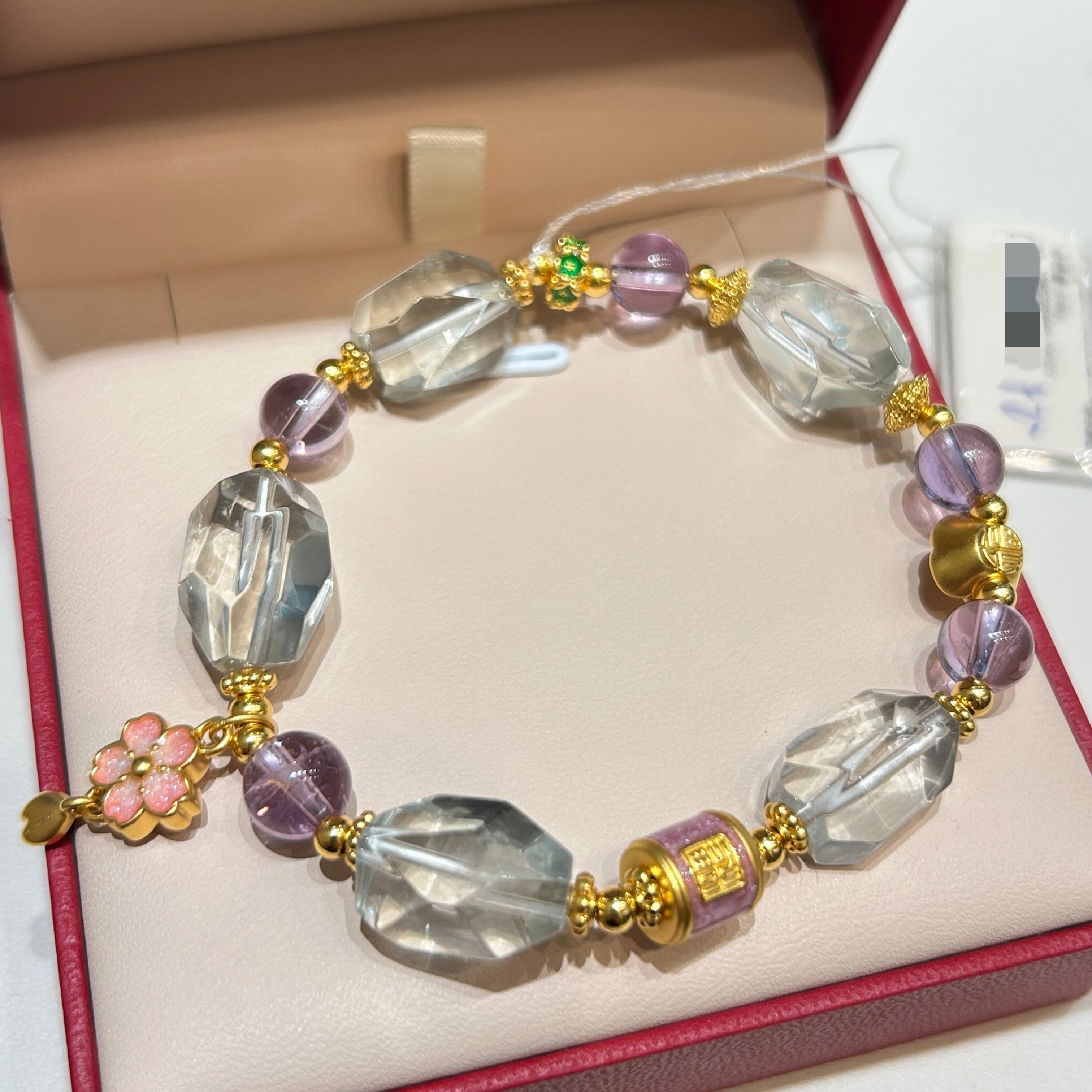 TSL谢瑞麟代购 足金999粉色小花水晶黄金手链手串女 百搭专柜正品图片