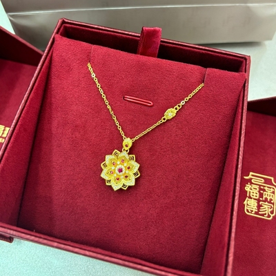 六福珠宝代购 如意金莲足金莲花黄金红宝石镶钻项链 新款专柜正品