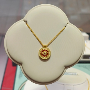 六福珠宝代购 福满传家足金宝相花黄金红宝石镶钻项链 专柜正品