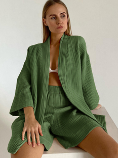 Double layer gauze medium sleeve nightgown双层纱布中袖女睡袍