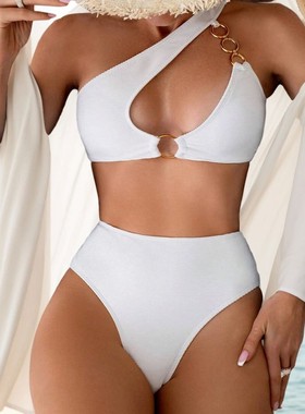 Sexy sloping shoulder high waist swimsuit 性感斜肩高腰泳衣女