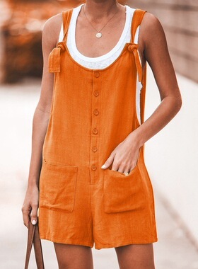 Solid color pocket strap overalls lady纯色贴口袋系带背带裤女