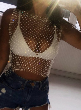 Fashion mesh sparkly diamond t-shirt top 时尚网格闪钻T恤上衣