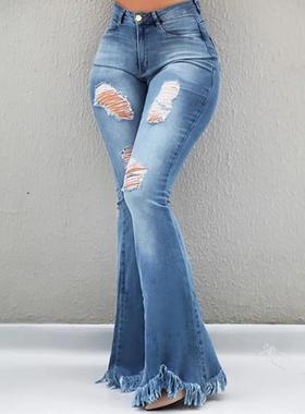 High waisted fringed micro flared jeans 高腰流苏微喇牛仔长裤