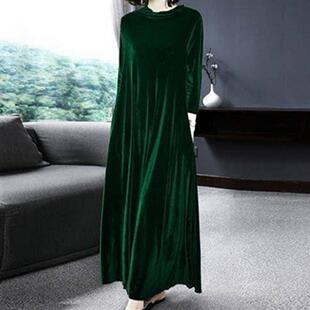 Fashionable round neck gold velvet dress时尚圆领金丝绒长裙女