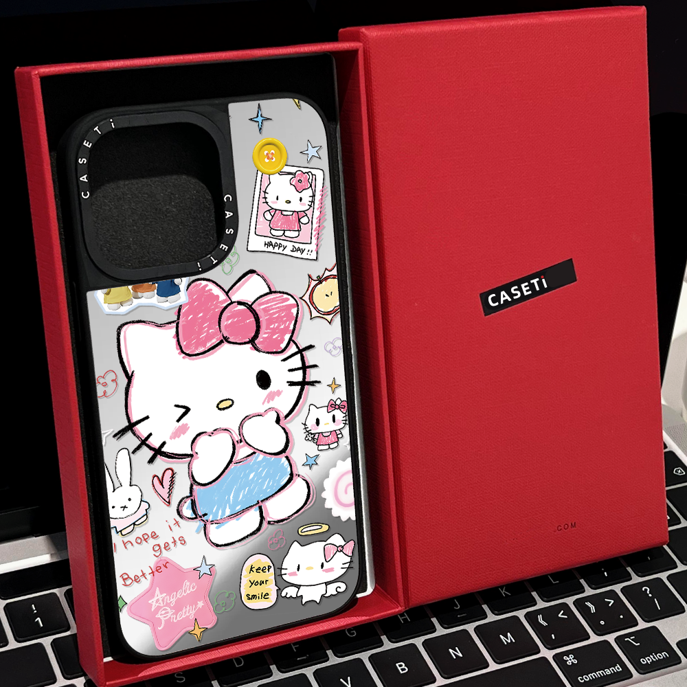 CASET联名涂鸦kt贴纸便利贴睡衣ins适用苹果16promax手机壳iphone15pro镜面MagSafe磁吸14p韩13pro卡通12可爱