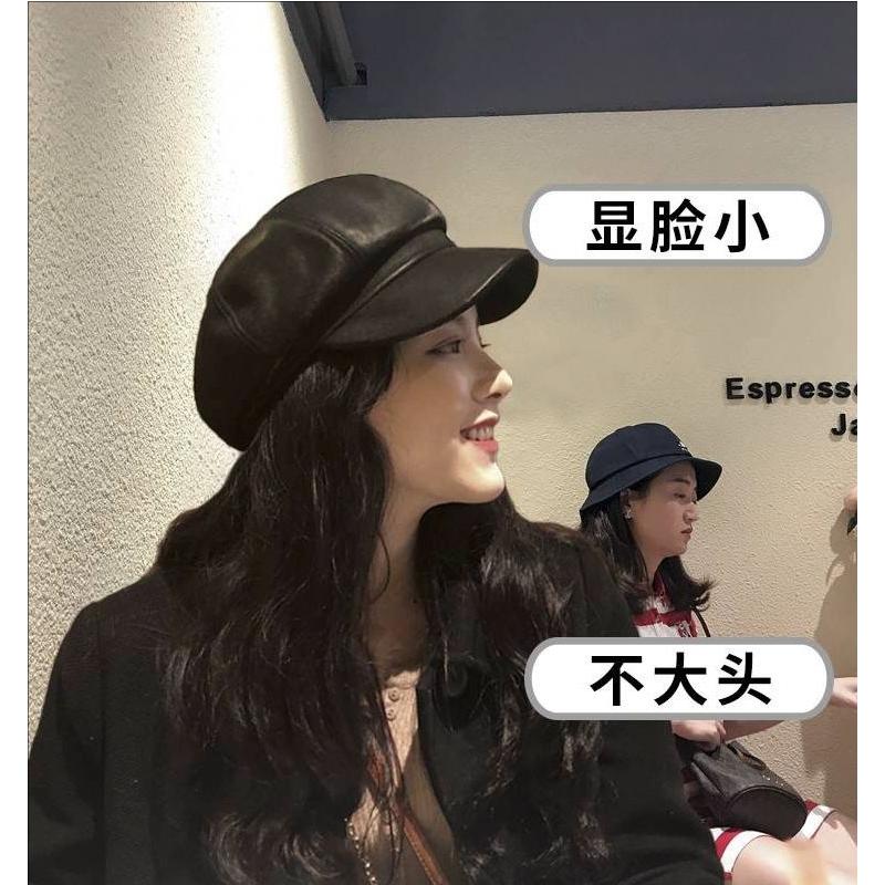 显脸小黑色网红pu皮质八角帽子女鸭舌英伦潮春秋报童皮帽贝雷帽
