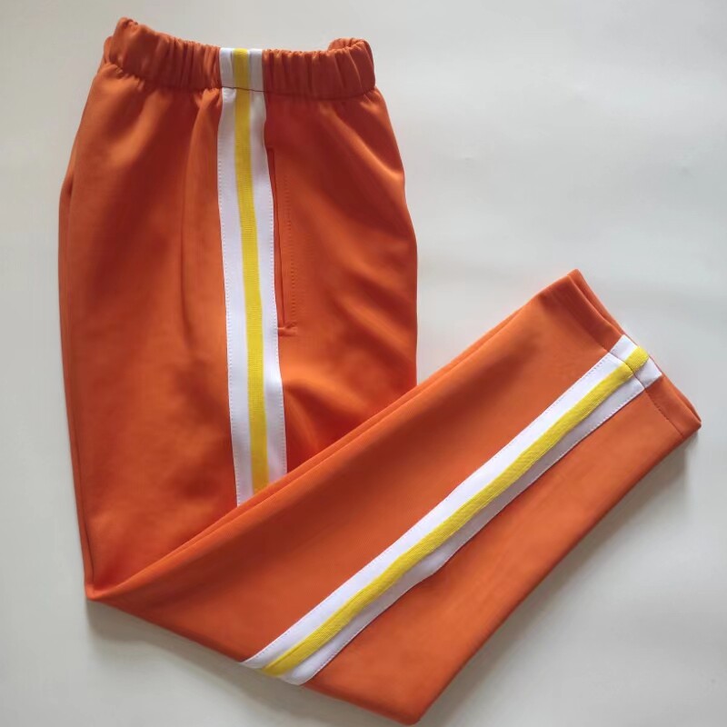 定制橘黄色拼白宽杠加黄色条校服裤子直筒休闲裤