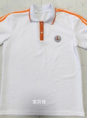 定制龙川一中同款网眼面料袖子三道桔色条款校服短袖