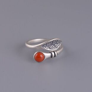 纯银叶子戒指S925银复古时尚简约树叶镶嵌南红玛瑙开口指环森系女