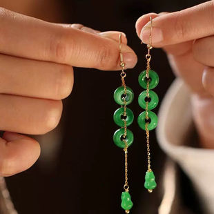 绿色国风气质耳环百搭送礼配饰 平安扣流苏耳饰女 复古新中式 长款