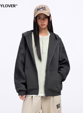 TODAYLOVER字母刺绣连帽卫衣女春季美式cleanfit情侣拉链开衫外套