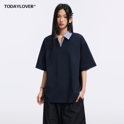 TODAYLOVER假两件条纹短袖T恤女