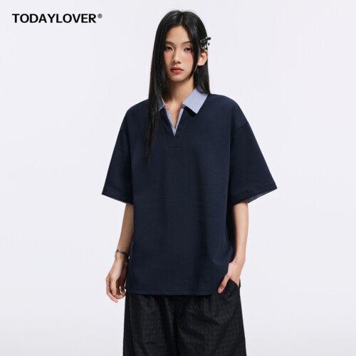 TODAYLOVER假两件条纹短袖T恤女