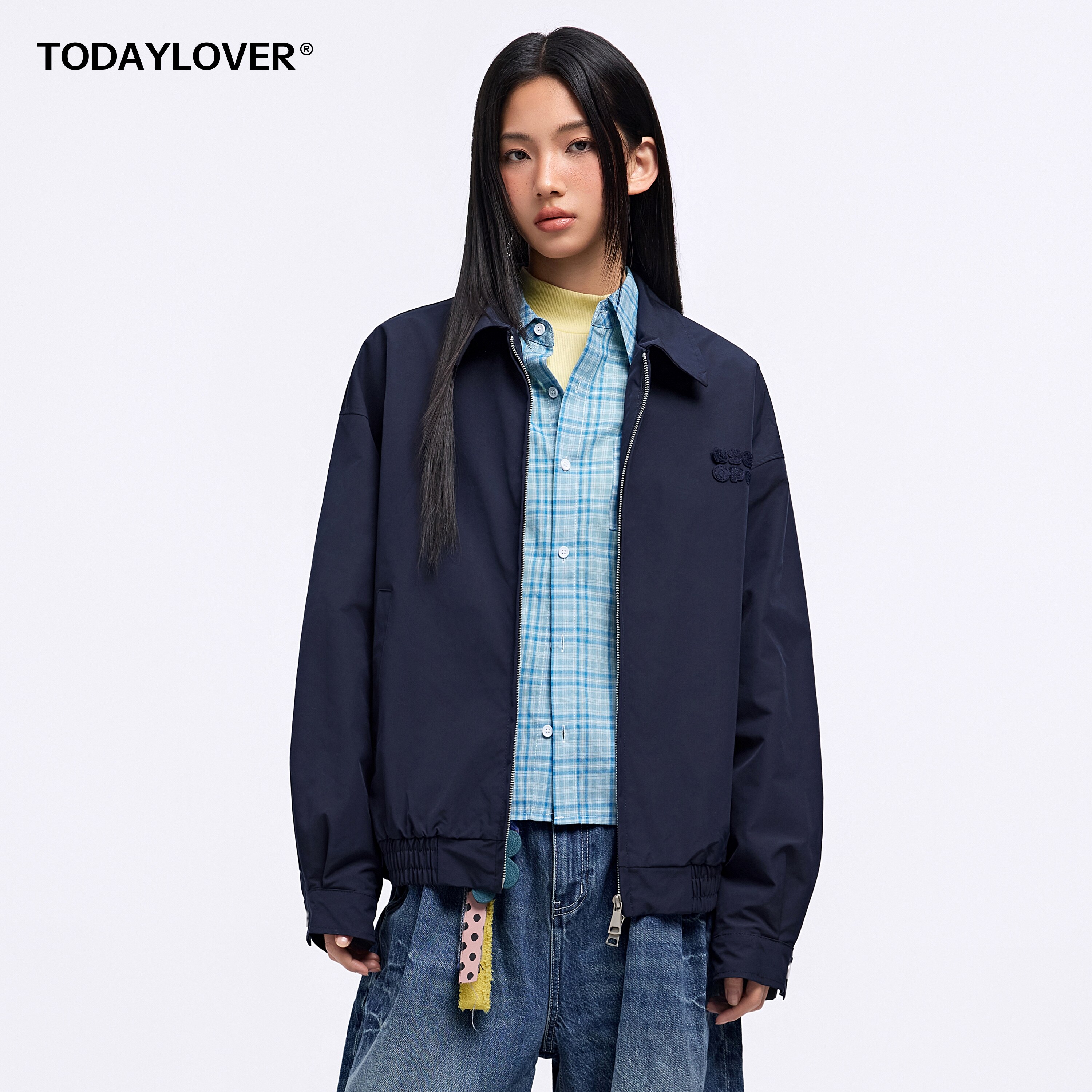 TODAYLOVER美式复古翻领短款夹克女春季休闲工装外套刺绣宽松上衣