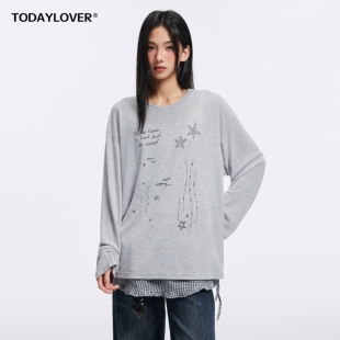 TODAYLOVER莱赛尔天丝圆领长袖T恤女夏季美式ins情侣海星印花罩衫