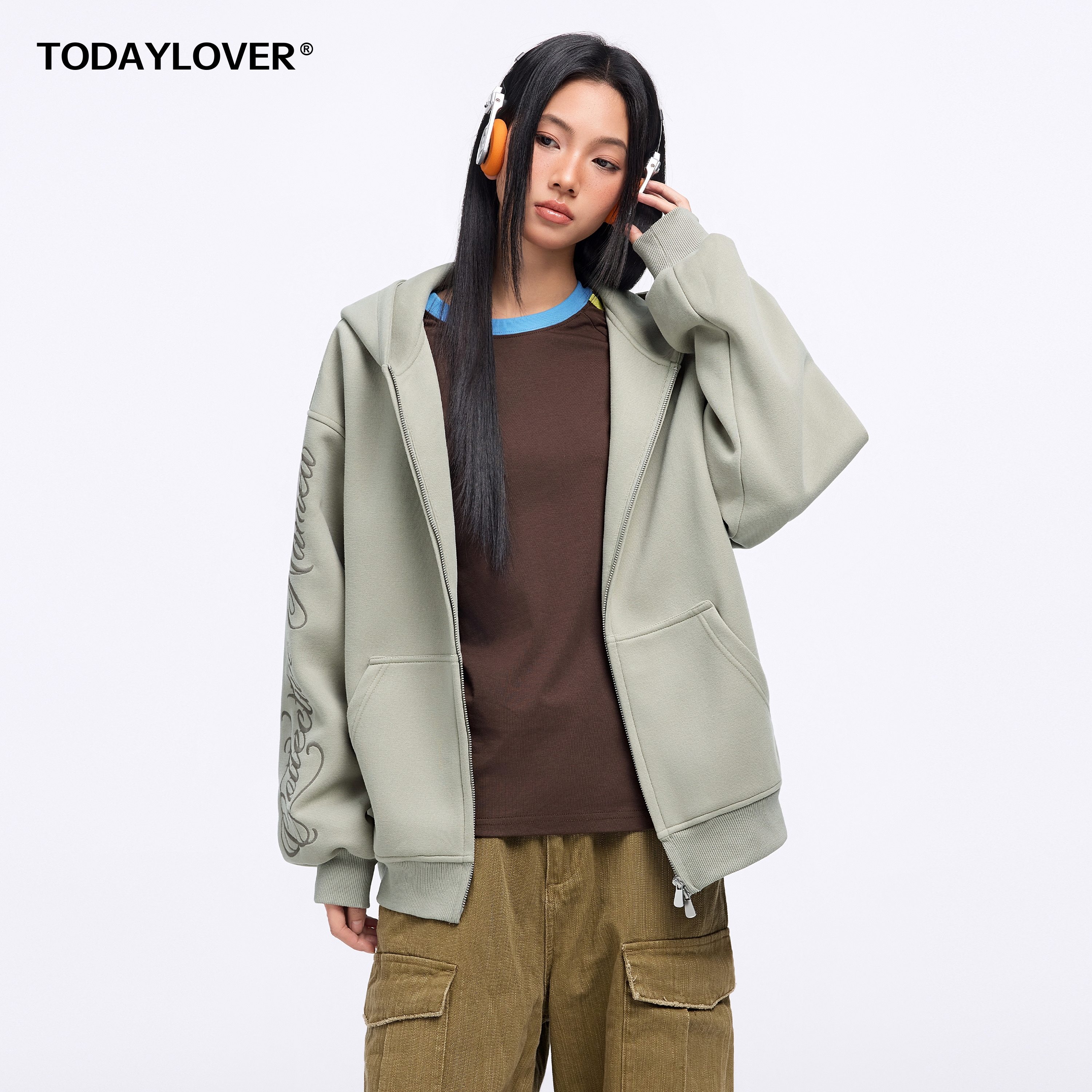 TODAYLOVER字母刺绣连帽卫衣女春季美式复古宽松情侣拉链开衫外套,男装,卫衣,淘宝优惠券,粉丝福利购,淘宝优惠卷