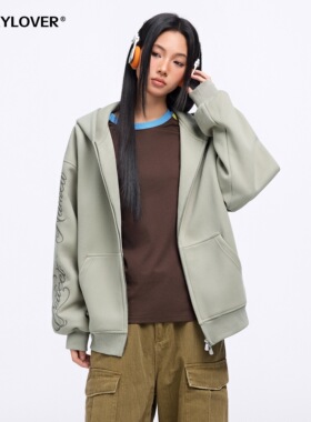 TODAYLOVER字母刺绣连帽卫衣女春季美式复古宽松情侣拉链开衫外套