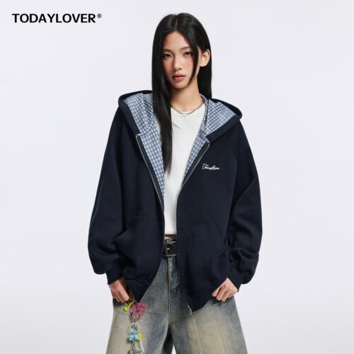 TODAYLOVER拼接格子连帽开衫卫衣