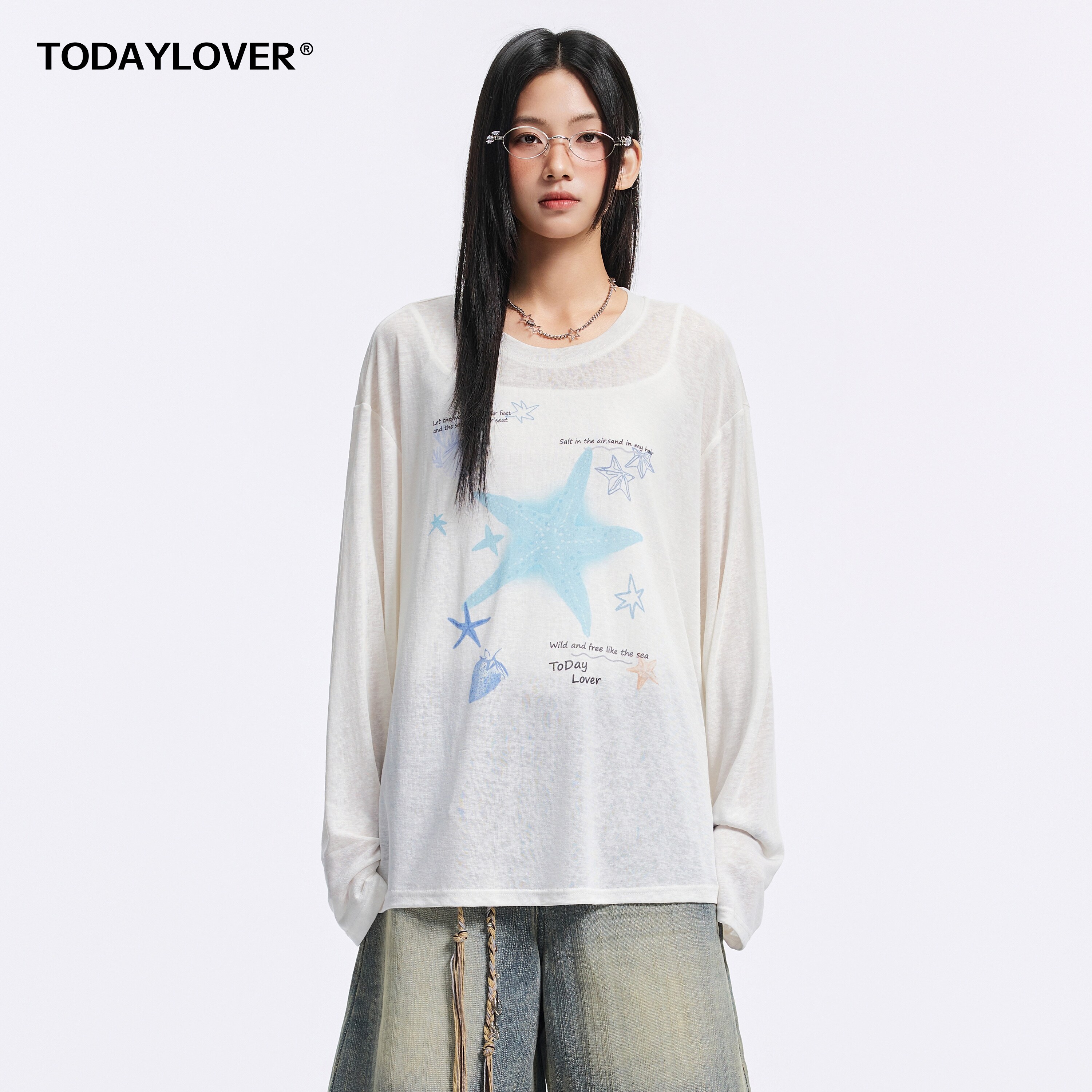TODAYLOVER莱赛尔天丝圆领长袖T恤女夏季美式复古ins海星印花罩衫