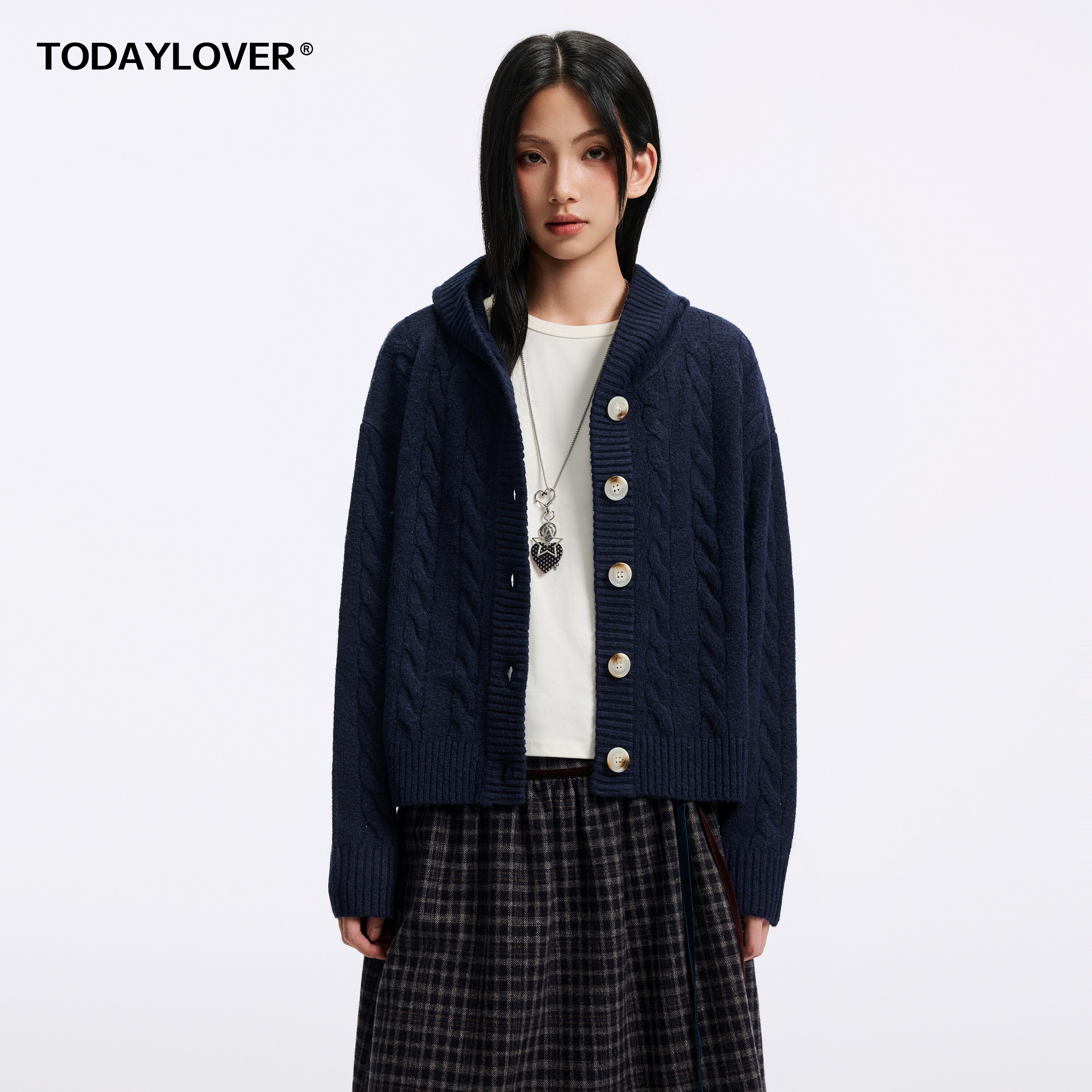 TODAYLOVER绵羊毛麻花纹纽扣毛衣女秋季美式连帽开衫针织衫上衣潮