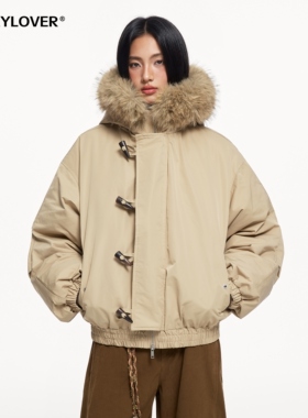 TODAYLOVER牛角扣棉衣女冬季加厚保暖派克服毛领连帽短款外套棉服
