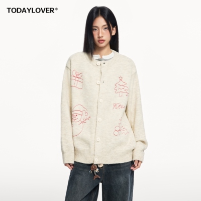 TODAYLOVER纯色刺绣开衫毛衣女