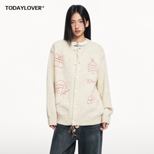 TODAYLOVER纯色刺绣开衫毛衣女