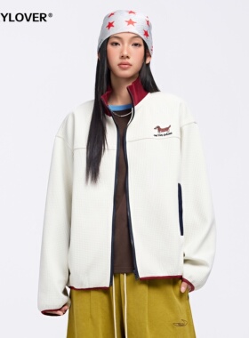 TODAYLOVER华夫格撞色立领卫衣女春季美式腊肠狗刺绣重磅开衫外套