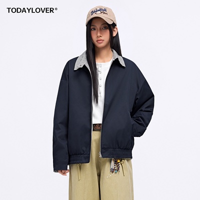 TODAYLOVER美式两面穿条纹外套女春季cleanfit飞行夹克翻领上衣潮