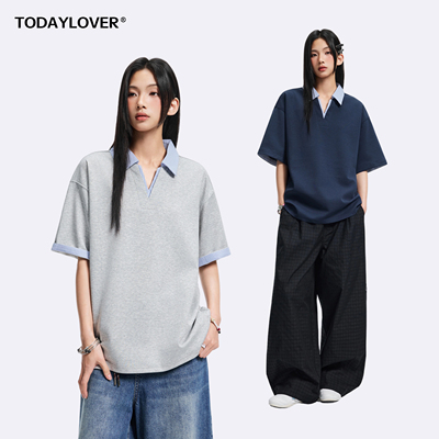 TODAYLOVER假两件条纹V领短袖T恤女春季美式cleanfit情侣POLO衫潮