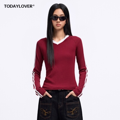 TODAYLOVER撞色拼接V领T恤女