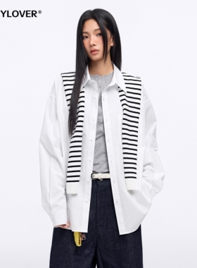 TODAYLOVER条纹披肩长袖衬衫女春季美式潮牌慵懒纯色宽松衬衣外套