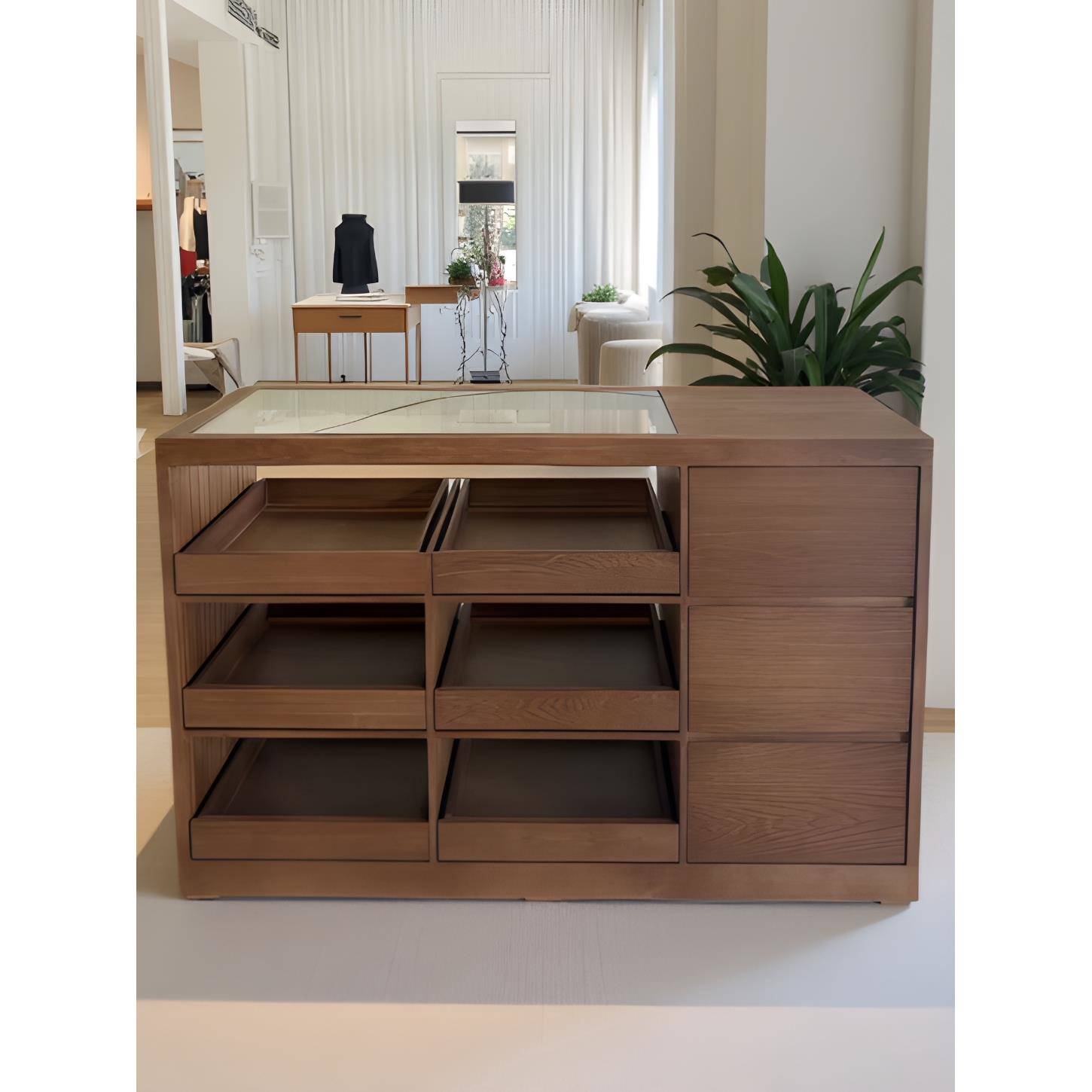 服装店玻璃中岛流水台女装饰品摆件展示桌店铺陈列台复古储物边柜