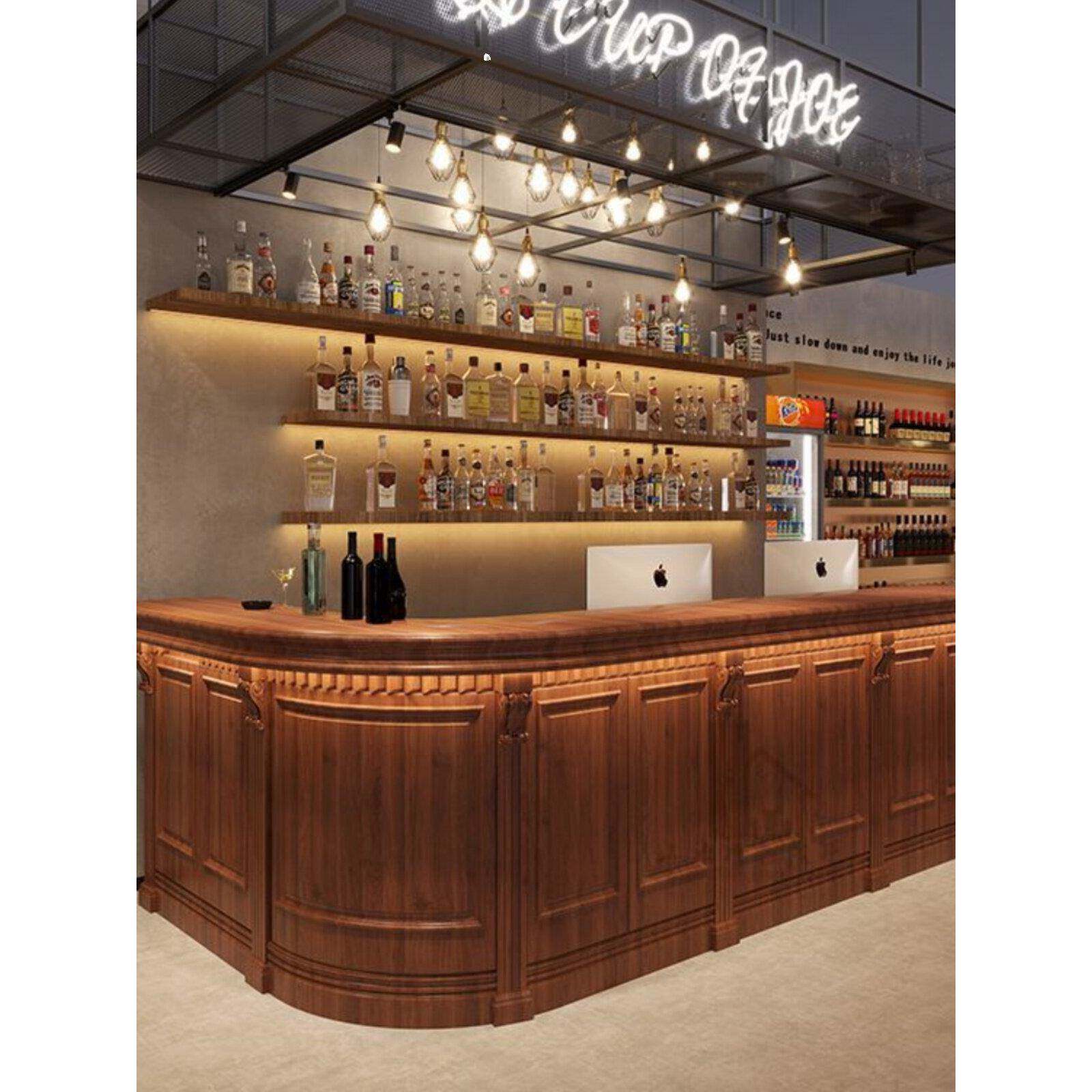 欧式覆古实木烤漆服装美容咖啡带灯展示柜弧形转角收银小酒馆吧台