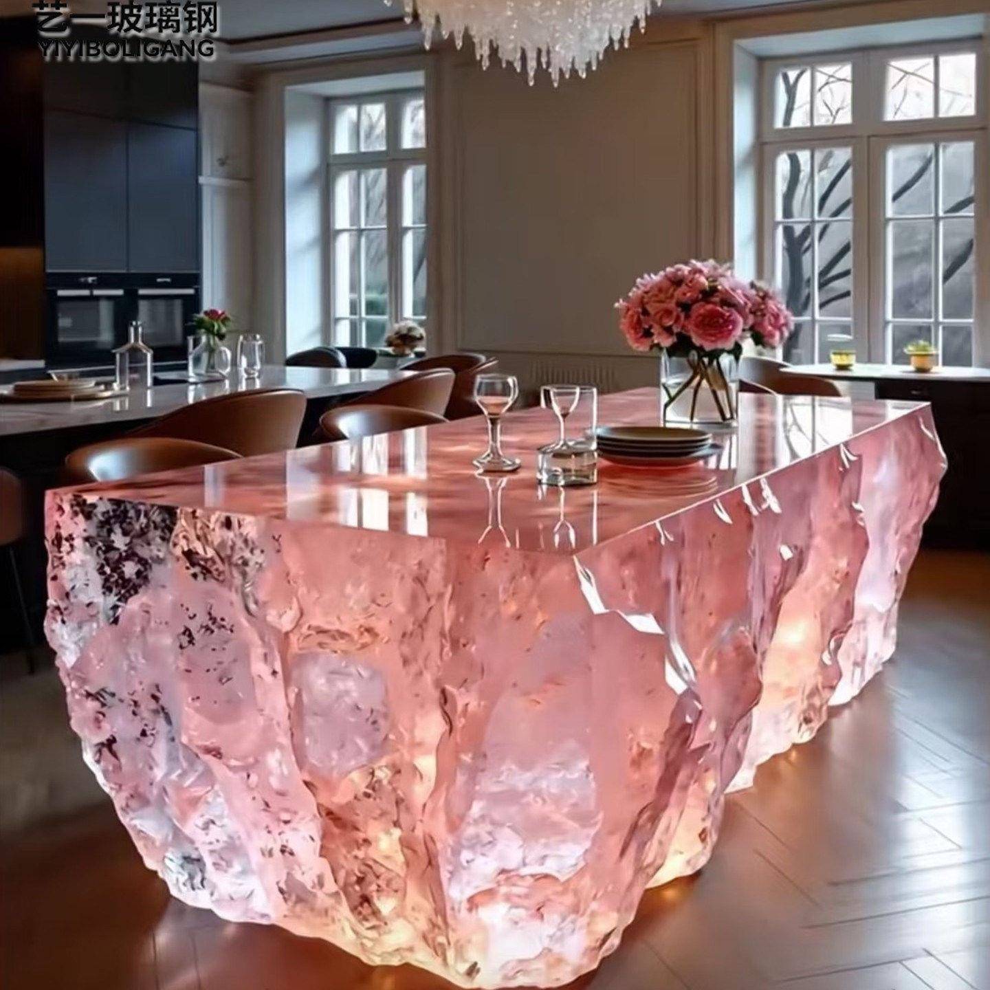 高端透明树脂水晶发光岛台餐桌茶几别墅客厅厨房酒店会所吧台定制