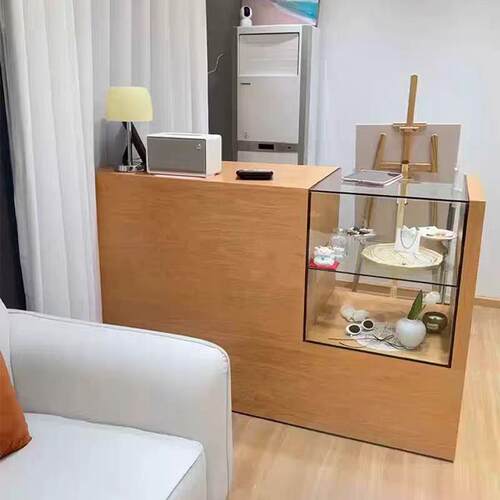 服装店收银台店铺小型网红女装店吧台桌玻璃中岛展示柜原木风前台