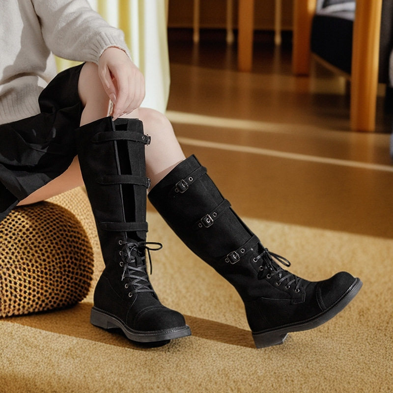 秋冬复古反绒皮骑士靴~方头系带皮带扣粗跟中跟高筒靴大码靴