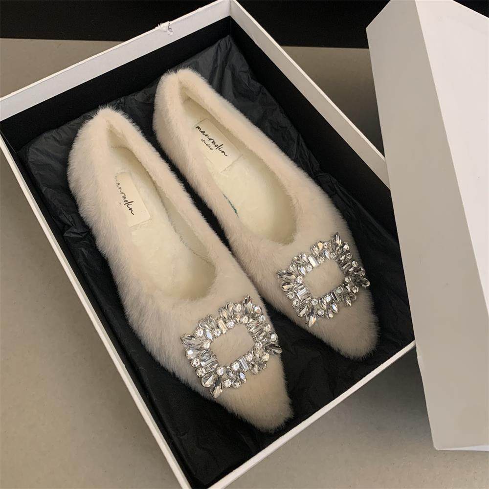 尖头毛毛鞋女秋冬外穿方扣水砖平底单鞋一脚蹬加绒保暖棉鞋豆豆鞋