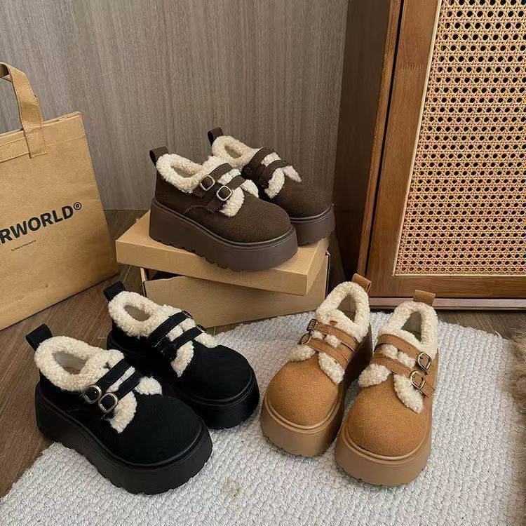 百搭学院风坡跟加绒毛毛勃肯棉鞋女冬季松糕加绒低帮雪地靴潮