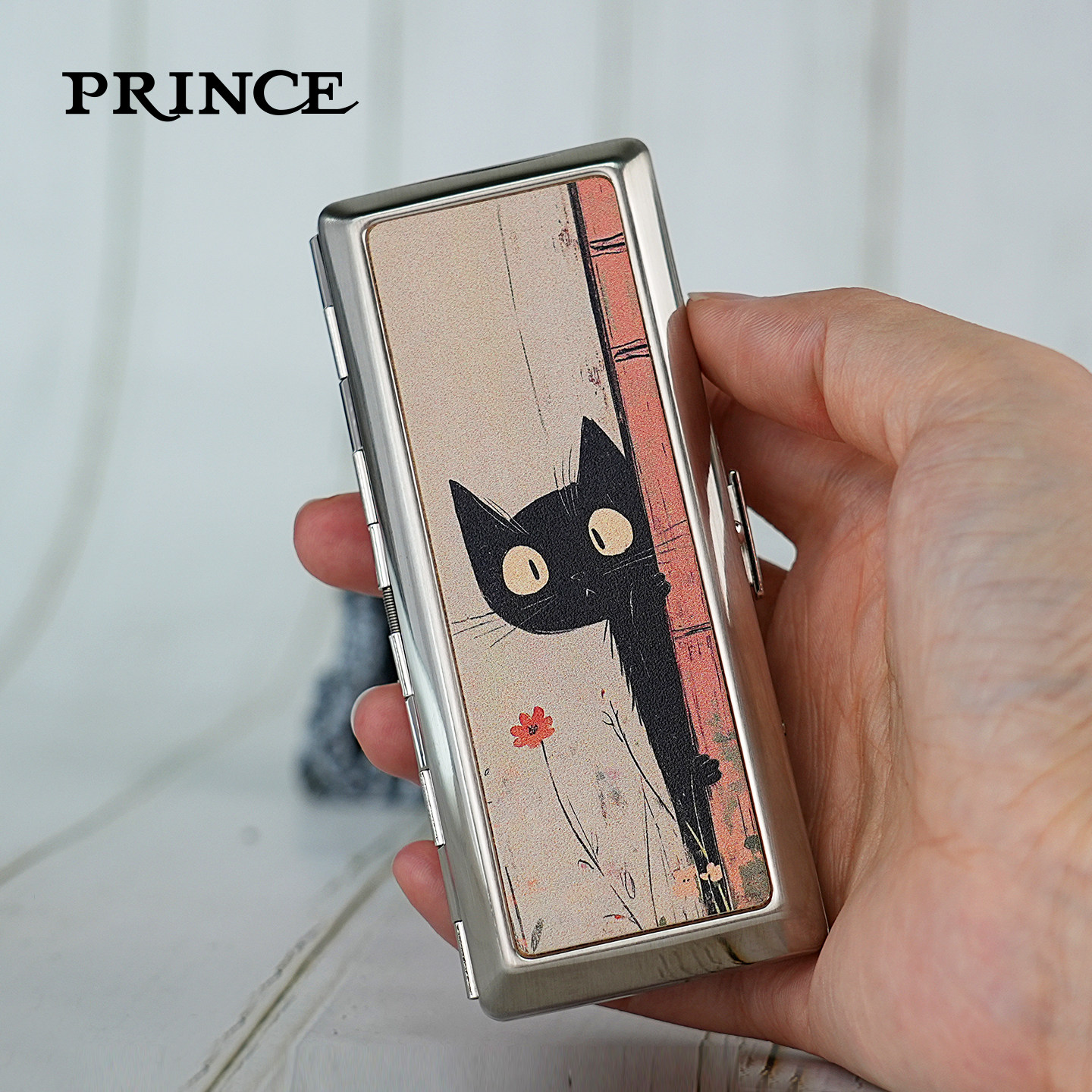 PRINCE烟盒小巧便携金属真皮闪躲黑猫创意个性烟夹兼容装粗中细烟