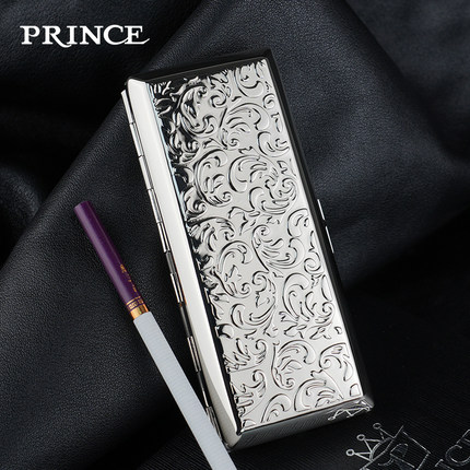 PRINCE王子黄铜金属烟盒双面唐草雕刻14/20支细烟夹防压便携收纳