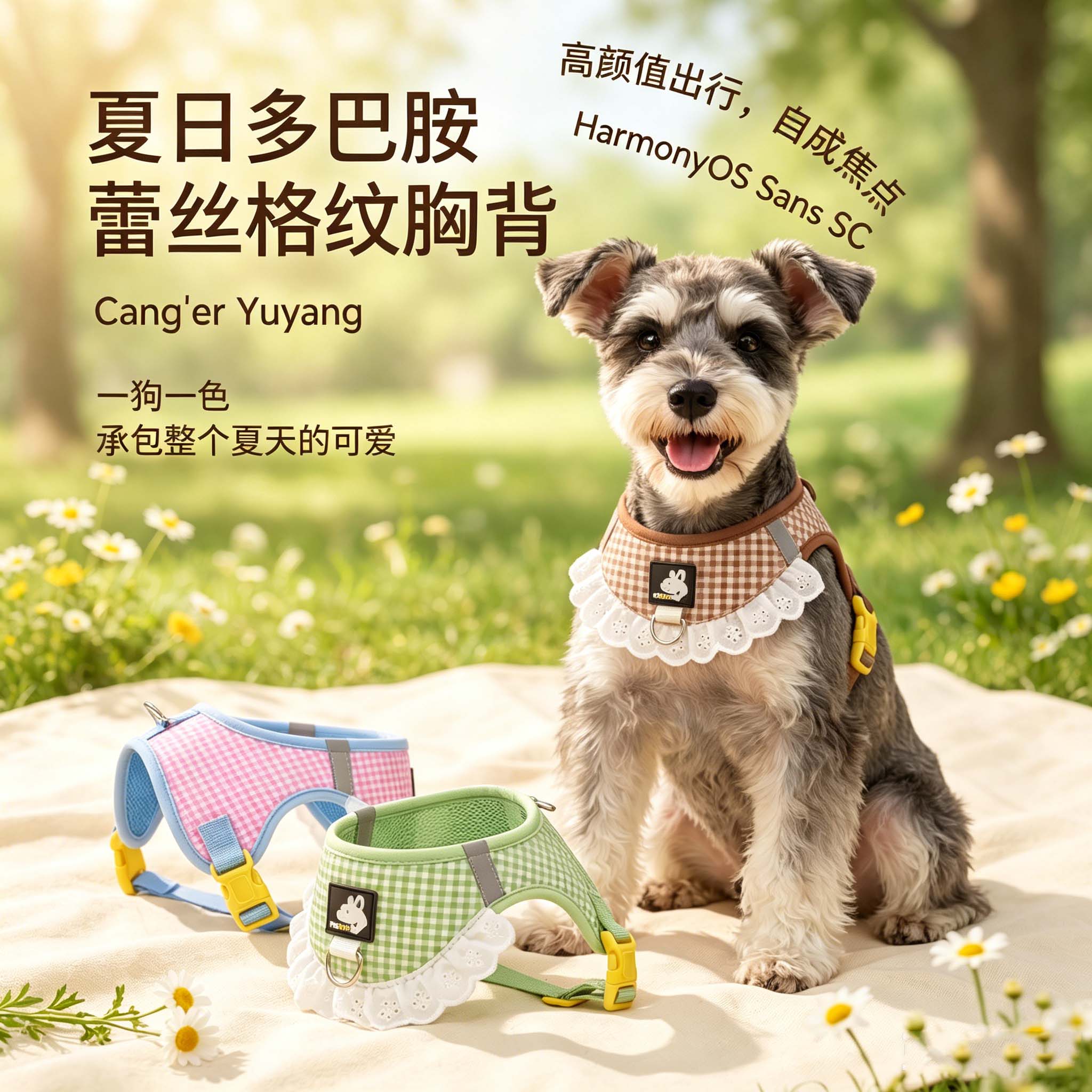 马鞍式宠物胸背带口水巾蕾丝格纹透气舒适防挣脱小型犬遛狗不勒脖