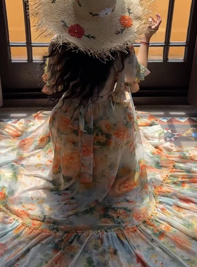 rose rain玫瑰自制区油画风印花喇叭袖收腰显瘦长款沙滩裙