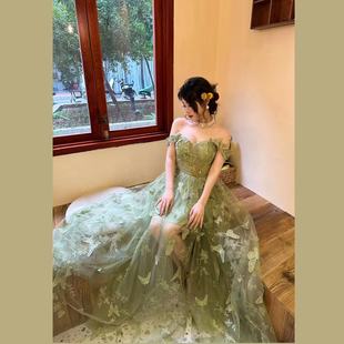 rose rain 玫瑰自制区小众清新蝴蝶中长款气质宴会优雅蕾丝连衣裙