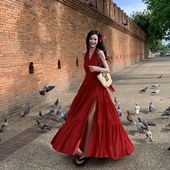 rose rain 玫瑰自制区红色绝美海边度假吊带露背沙滩裙仙气长裙