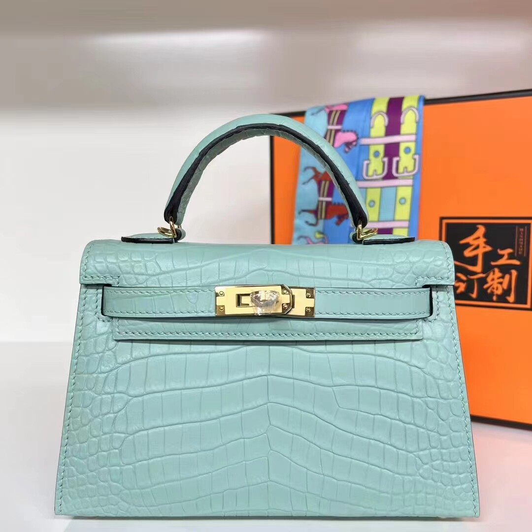 特价促销雾面鳄鱼皮凯莉包二代mini19cm女包亮面小方包手缝蜡线