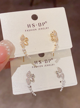 法式时尚简约锆石天鹅一字耳排式耳钉女精致轻奢小巧百搭耳环