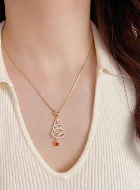 欧美跨境个性时尚满钻圣诞树吊坠项链精致轻奢百搭高级感超闪颈链